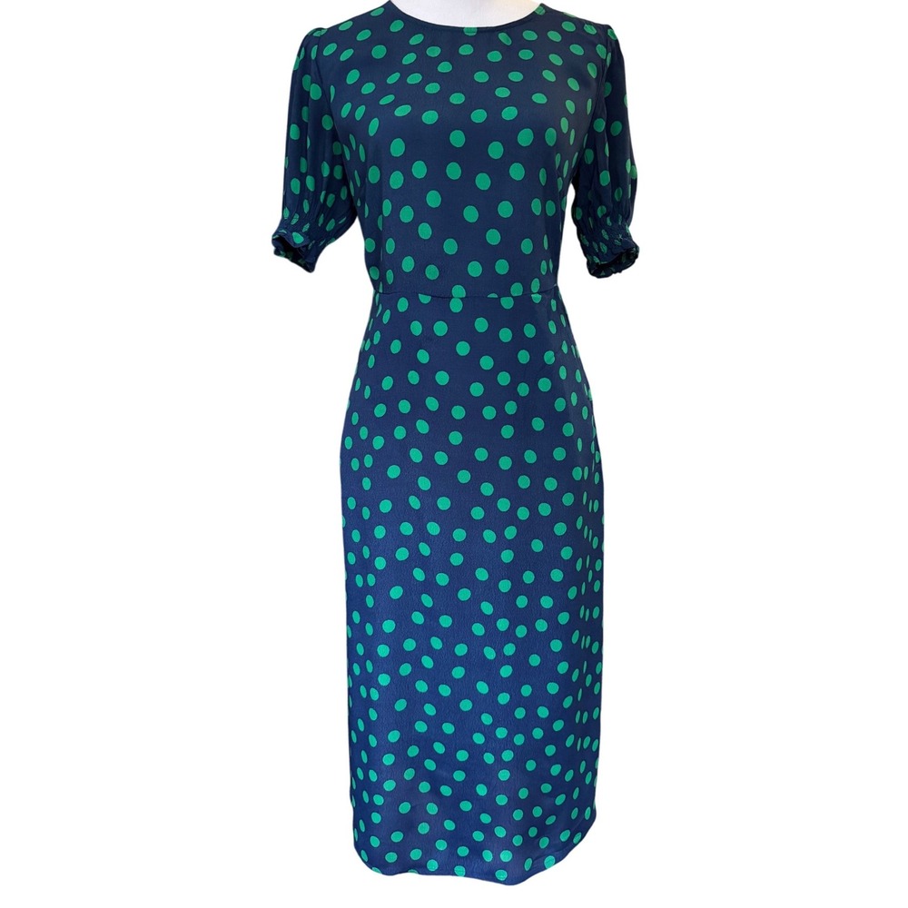 Boden Blue Polka Dot Midi Tea Dress 6 Puff Sleeve Round Neck Cottagecore Office